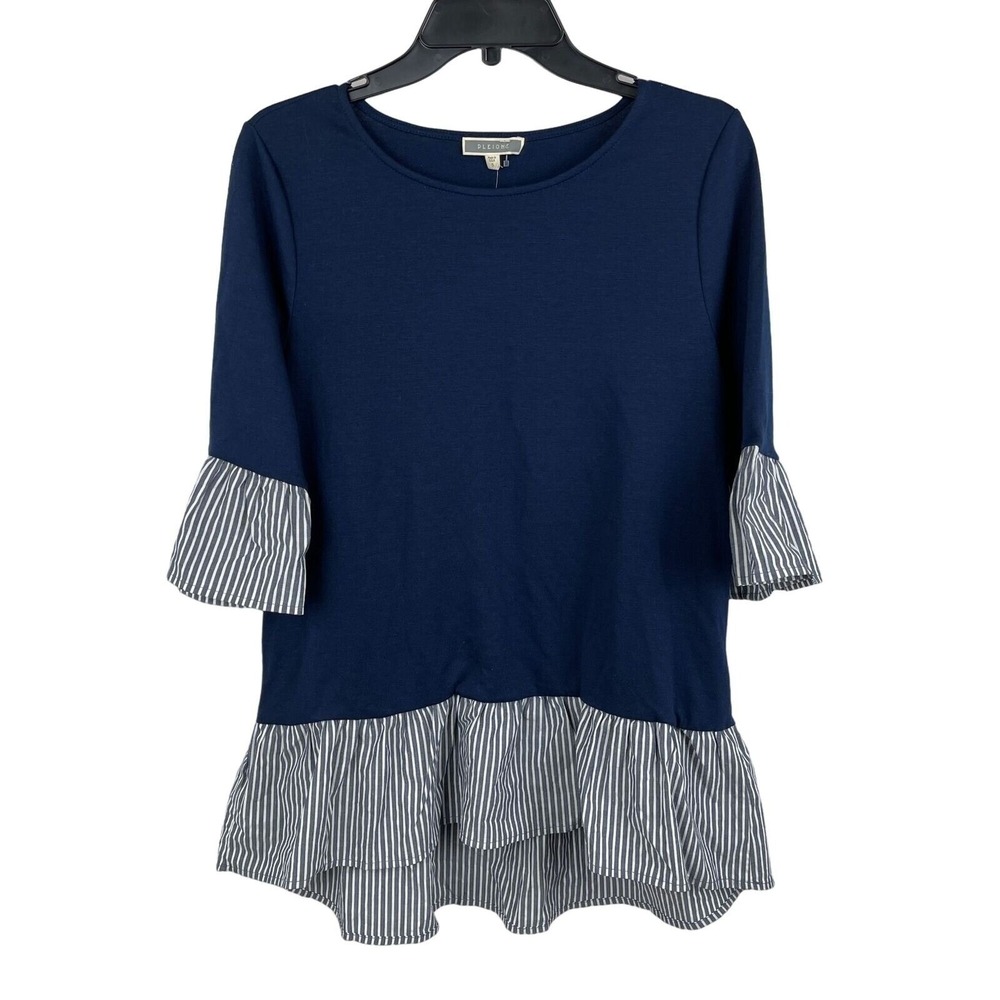 Pleione Top Peplum Mixed Media Women Size S Navy Blue Striped Ruffle Bell Sleeve